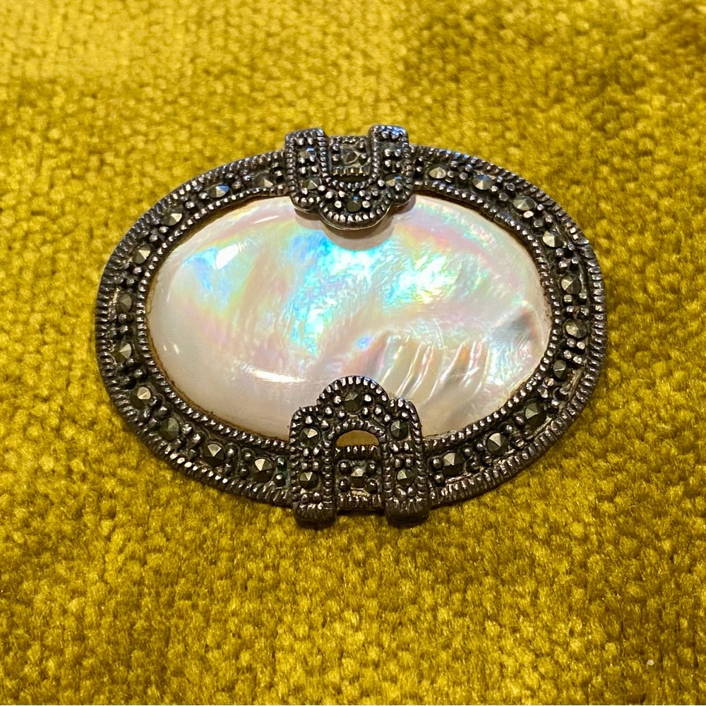 Vintage Sterling Silver Mother of Pearl & Marcasite Brooch Pin